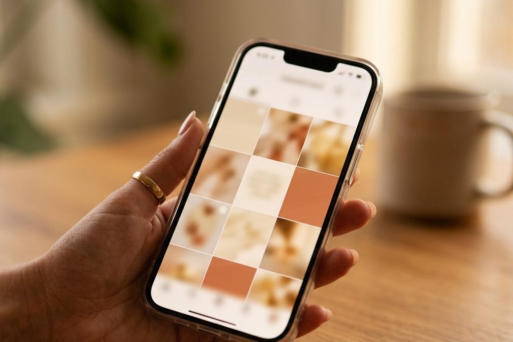 A phone on a wooden desk, screen showing a blurred grid of soft focus images.