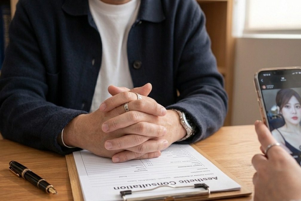 A doctor's hands folded on a clipboard during a consultation.