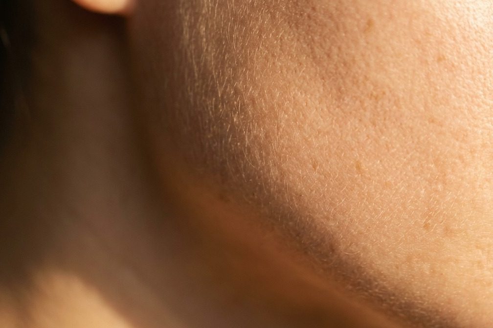 Close detail of skin in warm side light.