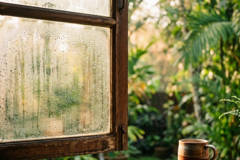 A window with soft morning condensation, a tropical garden out of focus beyond.