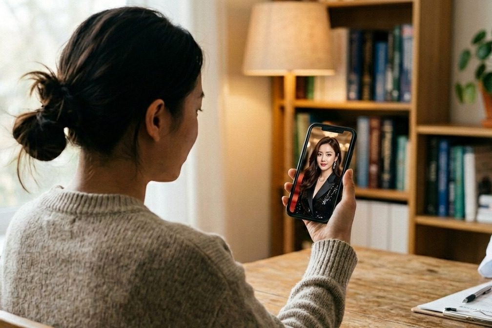 An over the shoulder view in a consultation room. A patient holds up a phone showing a portrait, a doctor sits across the desk with hands folded.