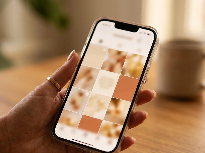 A phone resting on a wooden desk, screen showing a blurred grid of soft focus images.