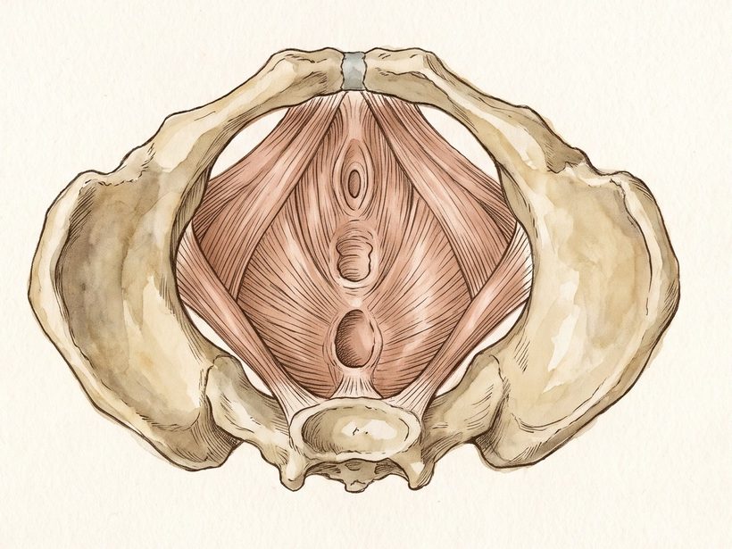 A painted view of the pelvic floor muscles held within the bones of the pelvis