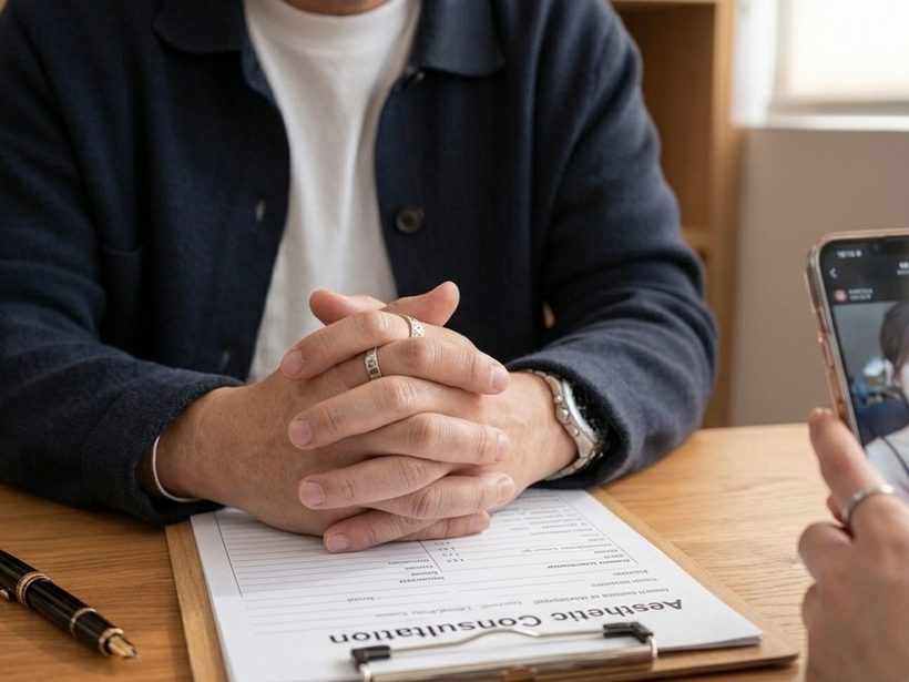 A doctor's hands folded on a clipboard, the blurred form of a patient across the desk.