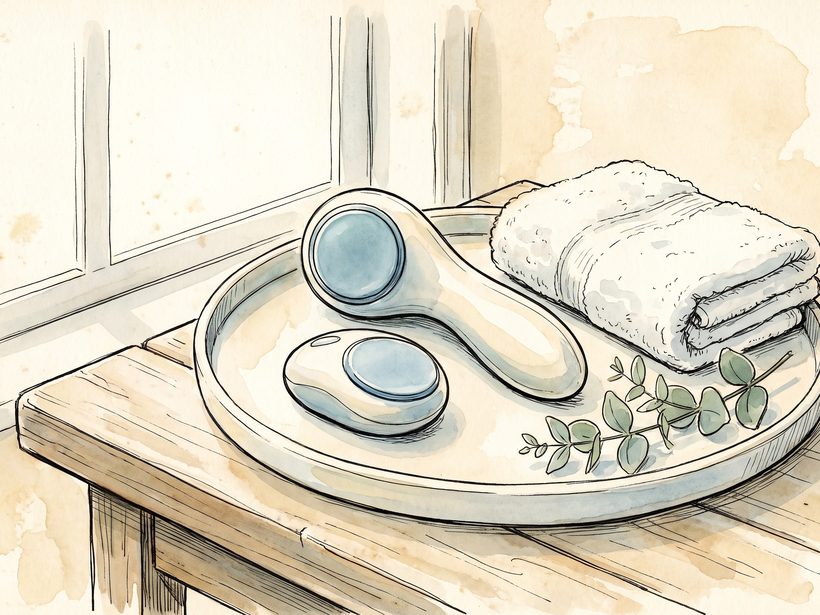 Painted OndaPro handpieces resting on a tray beside a folded towel and a sprig of leaves