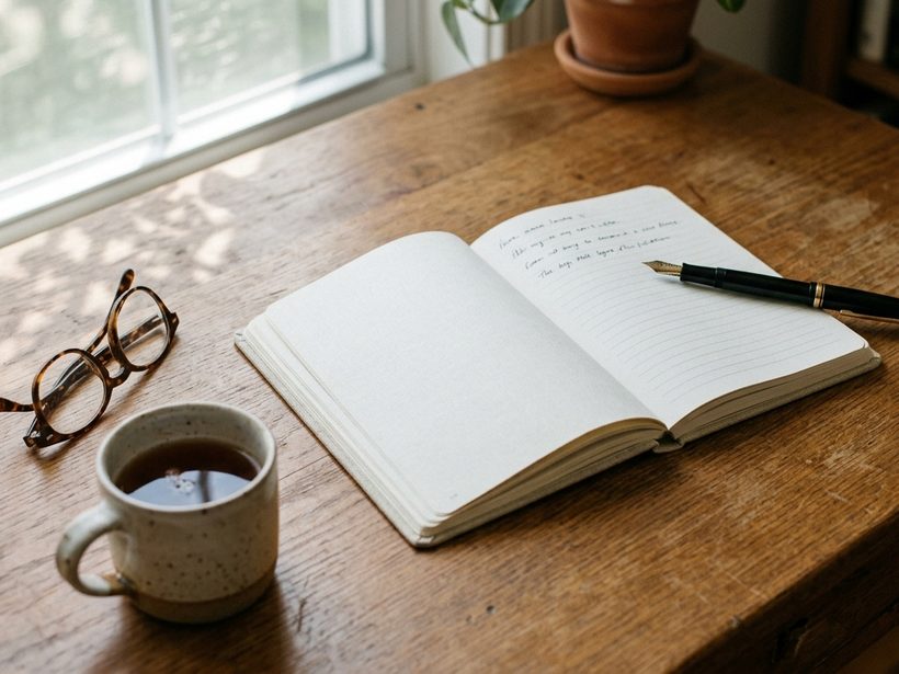 An open notebook and a pen set down on a warm wooden desk by a window.