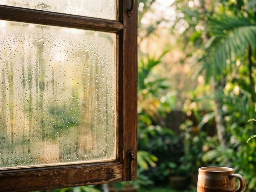 A window with soft morning condensation in a Southeast Asian home, a tropical garden out of focus beyond.