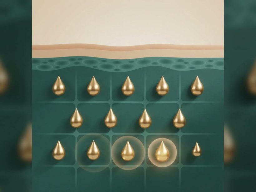 A close animation still showing small brass-coloured droplets distributed in a cross-section of the dermis layer, against a dark background, no patient visible