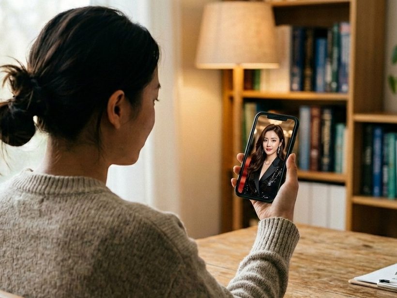 An over the shoulder view in a consultation room. A patient holds up a phone showing a portrait, a doctor's hands rest on a clipboard.