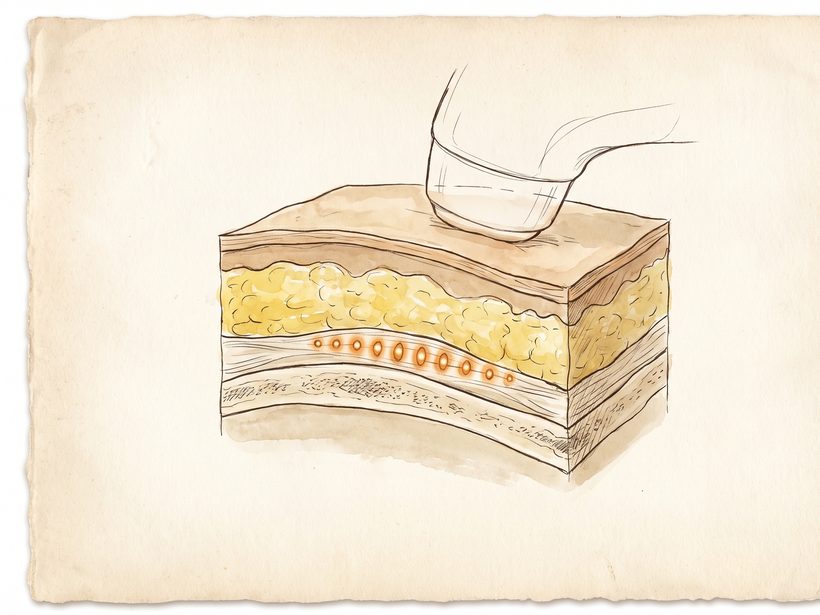 A painted block of skin with the Ultherapy transducer above it and small points of heat below the surface
