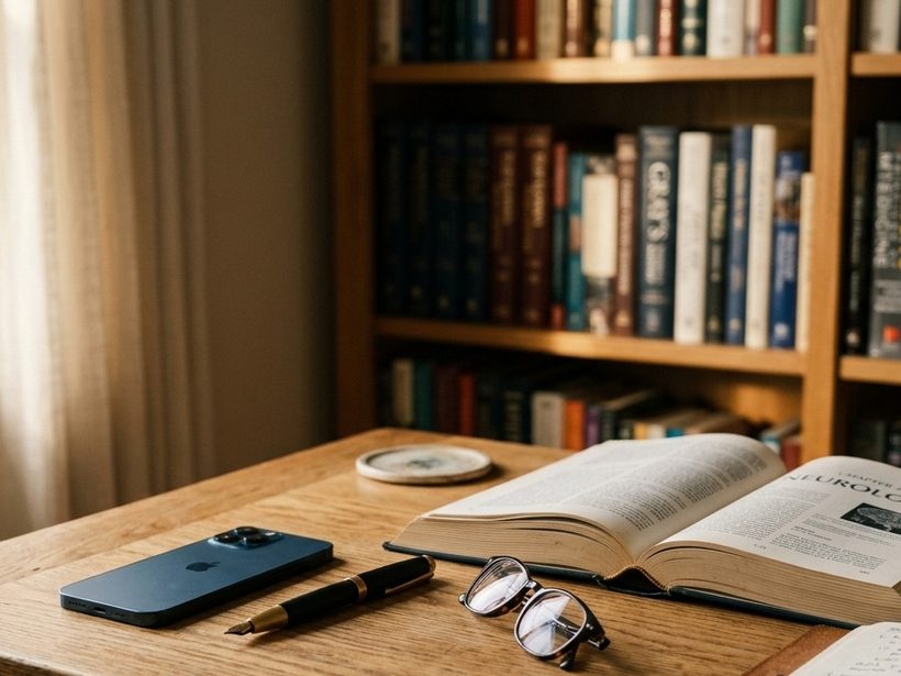 A doctor's desk in soft afternoon light, an iPhone resting face down beside a pen and an open book.