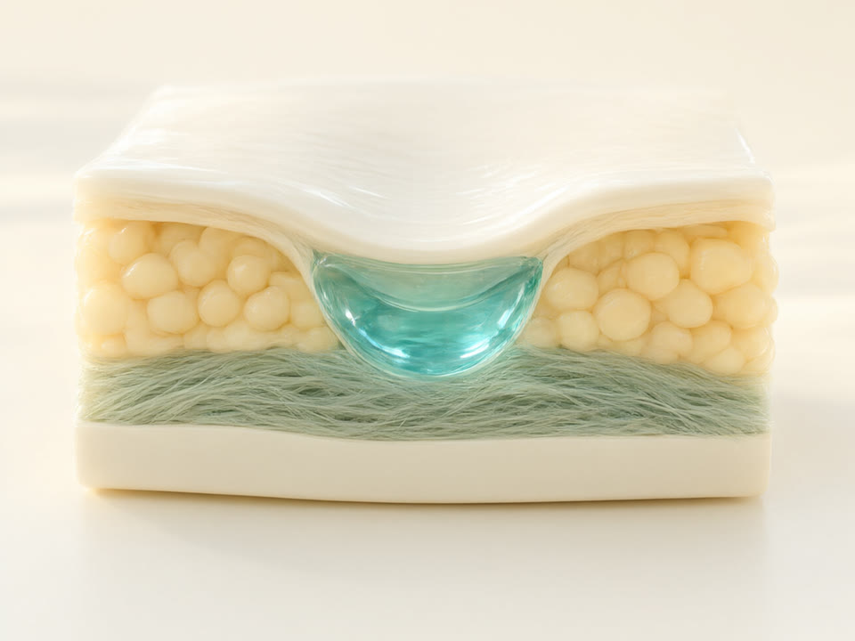 A block of skin in cross-section with a clear gel resting in the layer beneath the surface